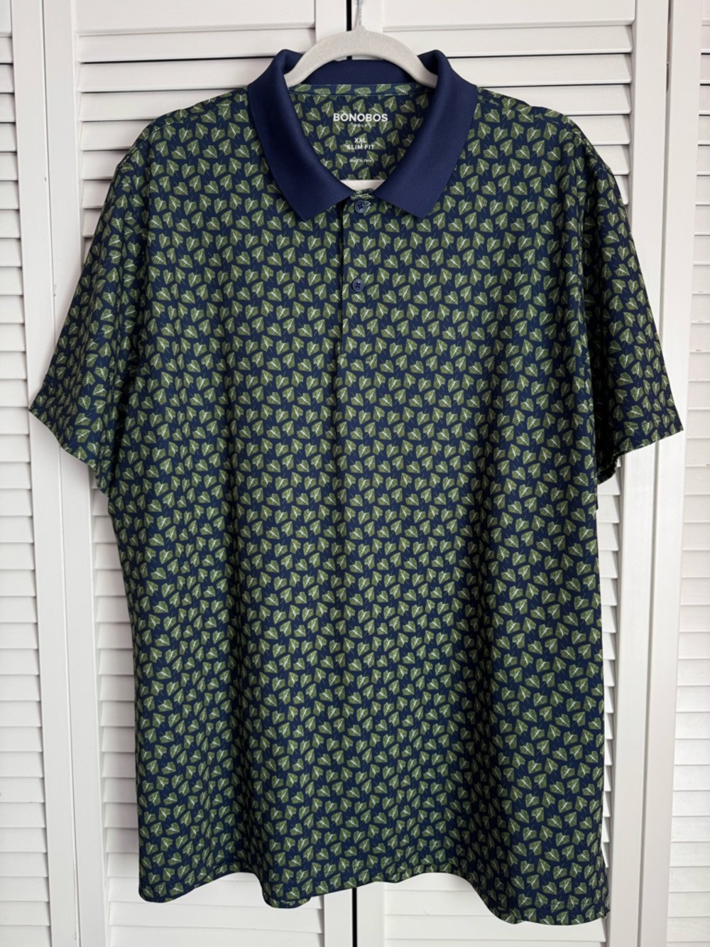 Bonobos Golf Men’s Polo Shirt Slim Fit Navy Green Leaf Print Short Sleeve XXL